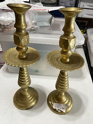 #ad 1950#x27;S VINTAGE ETCHED BRASS MOROCCAN CANDLE HOLDER WITH DRIP TRAY SET OF 2