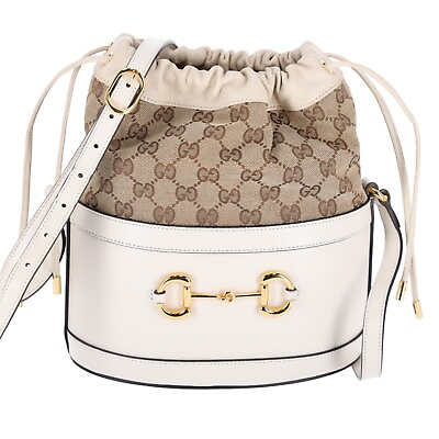 #ad Gucci Horsebit 1955 Bucket Bag GG Canvas Leather Ivory Ebony