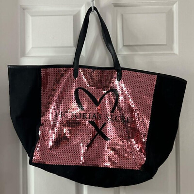 #ad Victoria#x27;s Secret Heart Logo Pink Sequin Bling Black Tote Bag Travel Shopping