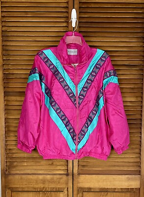 #ad Vintage 80s Nylon Windbreaker Full Zip Jacket Pink Teal Colorblock Sz Lg