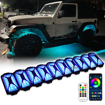 #ad For Jeep Off Road Polaris UTV ATV 10 Pods RGB LED Rock Light Underbody Bluetooth