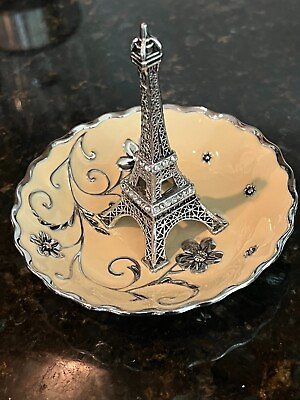#ad Beautiful Eiffel Tower on Dish Silverplated and with Diamond Simulants MB534