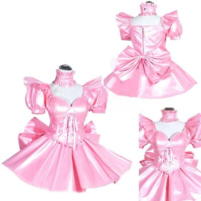 #ad Girl Sissy Sexy maid Pink Satin Lockable Dress Cosplay Costume Tailored