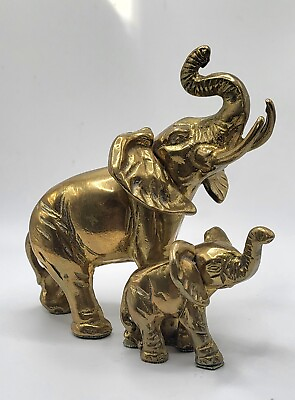 #ad Vintage Solid Brass Elephants Mother and Baby Figurine Heavy Animal Trunk Up