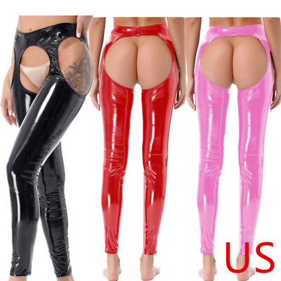 #ad US Womens Wetlook Open Crotch Butt Pantyhose Skinny Latex Pants Tights Trousers