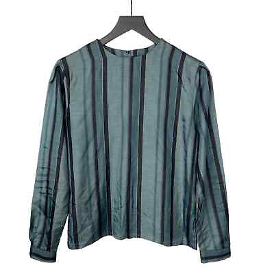 #ad Vintage Top Blouse Long Sleeve Green Black Stripe Handmade Shirt Womens Small