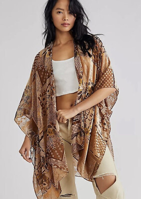 #ad Free People Stevie Patchwork Burnout Summer Kimono Brown One Size RRP $108