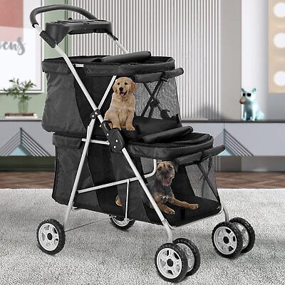 #ad 4 Wheels Pet Stroller 2 Cages Stroller Cat Dog Travel Folding Carrier Black