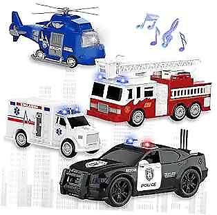 #ad 4 Packs Fire Truck Toy Ambulance Police Car and Helicopter Emergency