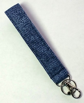 #ad Key Chain Fob Wristlet Lined Cotton Fabric Lobster Clasp Zipper Pull Blue Weave