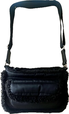 #ad Aspen Black Quilted Nylon and Sherpa Crossbody Bag Purse Lightweight
