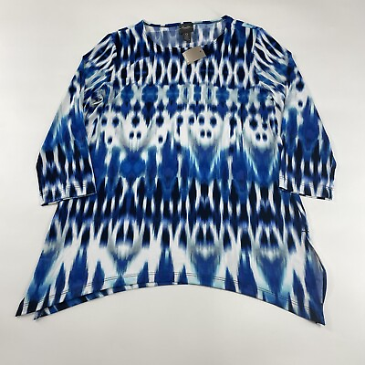 #ad Chicos Tunic Womens Small Blue Watercolor Ikat 3 4 Sleeve Top