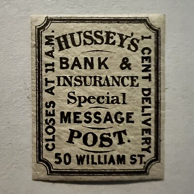 #ad HUSSEY#x27;S BANK amp; INSURANCE SPECIAL MESSAGE POST 50 WILLIAM ST MH STAMP BLK WHITE