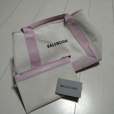 #ad BALENCIAGA Navy Cabas Small Tote Bag Canvas Pink 339933 90209277 Stain Used