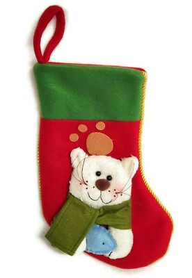 #ad Cat Christmas Stocking Felt Applique Plastic Black Whiskers Pawprint Red 12quot;