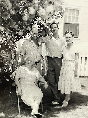 #ad VH Photograph Cute Couple Pose Family Old People Flowers Tree 1950s Pretty Woman