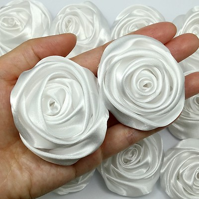 #ad 24PC White 50mm Satin Ribbon Rose Flowers DIY Wedding Bridal Bouquet 2quot;