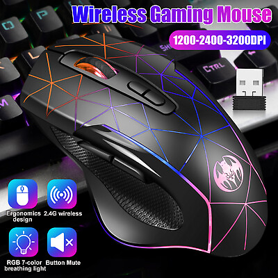 #ad 3200DPI Chargeable RGB LED Ergonomic Wireless Gaming Mouse Optical for Laptop PC