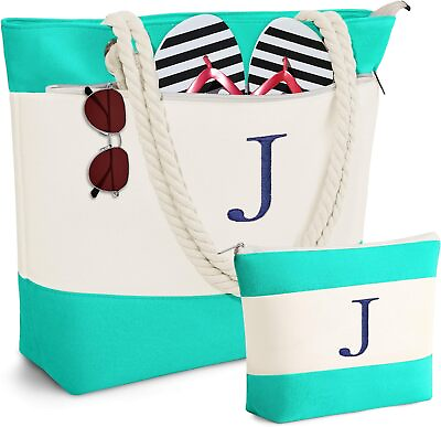 #ad Personalized Canvas Initial Beach Tote Bag with Makeup Travel Blue