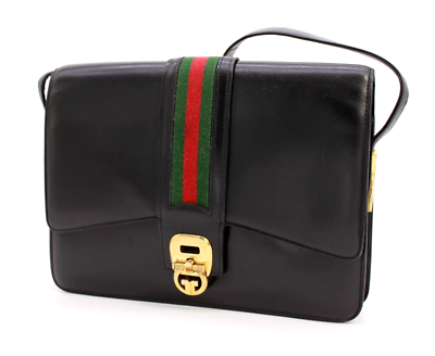 #ad Gucci Vintage Bag Shoulder bag Handbag Purse Sherry GG Leather Black Authentic