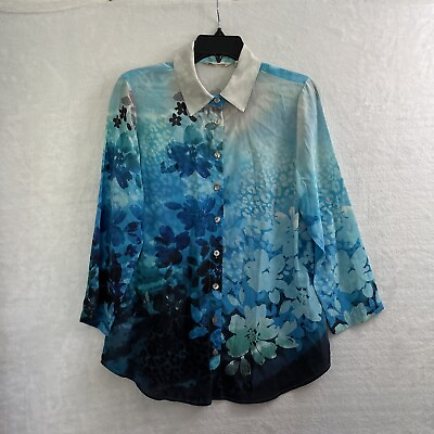 #ad Soft Surroundings Silk Button Up Top Woman Petites Small Floral Blue Long Sleeve