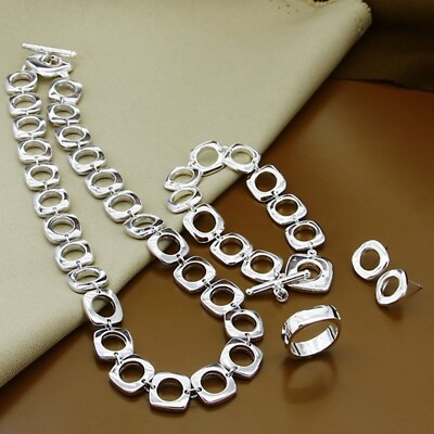 #ad 925 Sterling Silver Square Rings Necklace Bracelet Earrings Women Jewelry Sets