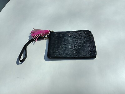 Fossil Black Pebble Leather Wristlet With Pink amp; White Tassel Zip