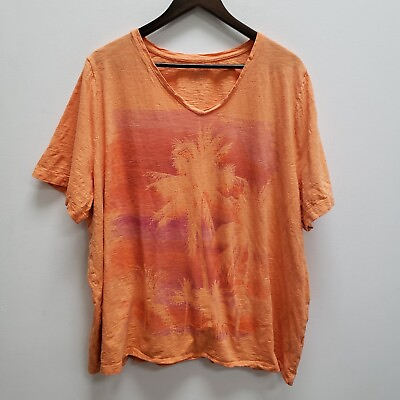 #ad Catherines Womens Palm Tree T Shirt Size 2X Orange Short Sleeve Pullover V Neck