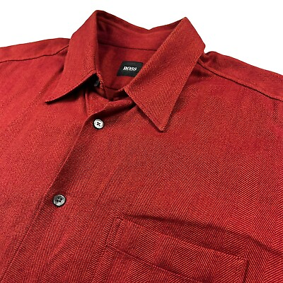 #ad Hugo Boss Men’s Flannel 100% Cotton L S Button Shirt Herringbone Red • Large