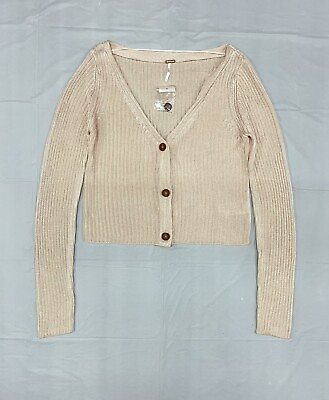 #ad Free People Cardigan Large Beige Brown Womens Button Up Knitted Polyester NEW