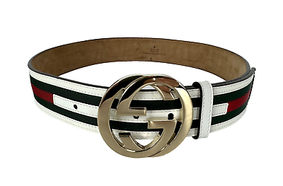 #ad Gucci Auth 75 cm 30 in White Leather Green Web Canvas Belt Gold Tone GG Buckle