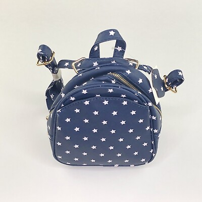 #ad Women#x27;s Small Hand Bag Backpack Navy Blue Stars Adjustable Strap Faux Leather