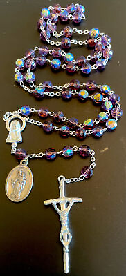 #ad Catholic Iridescent Purple Crystal 5 Decade Rosary Vintage Mount Carmel Medal