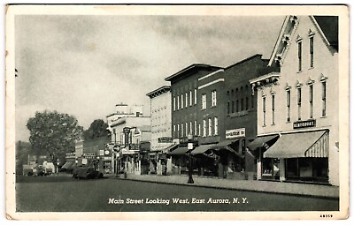 #ad Main Street Looking West East Aurora NY New York Classic Car Storefront Postcard