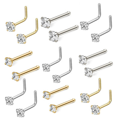 #ad Pair 1.5 3mm Stainless Gold Tone Clear CZ 18G 20G L Shaped Bone Nose Rings Stud