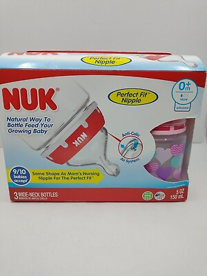 #ad NUK Baby Bottles 3 pack 5 Ounce pink 0 Months Perfect Fit Nipple 