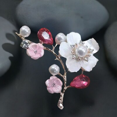 #ad Luxury Multicolor Cherry Blossom Pearl Rhinestone Brooch Pin Leather Pouch