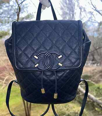 #ad CHANEL Filigree Caviar Quilted Leather Backpack Navy