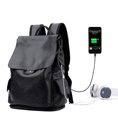 Genuine Leather Backpacks Men#x27;s Black Waterproof Laptop School Bag USB Rucksack $144.44