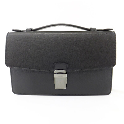 #ad Bally Clutch Bag Black Leather Metal Hardware Top Handle Flap Second Bag Men#x27;s