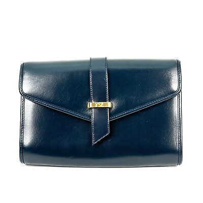 #ad Yves Saint Laurent Clutch Bag Navy YSL Leather Vintage