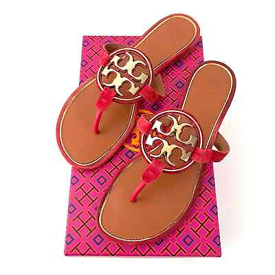 #ad TORY BURCH Metal Miller Nat Leather Suede Red Apple Gold Logo Sandals Size 10