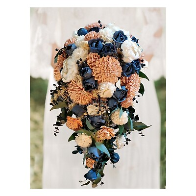 #ad Orange Peach Navy Blue Bridal Bouquet Sola Wood Cascading Fall Wedding Flowers