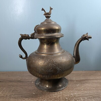 #ad Heavy Brass Tibetan Tea Pot Large Ethnic Decor Makara Water Dragon Hindu