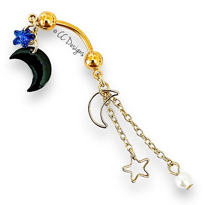 #ad 14g gold IP dangle chain black blue gold moon star faux pearl belly ring B68