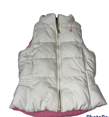 #ad Ralph Lauren Girls Reversible Puffer Down Vest Sz 5 Pink White Full Zip *Read*