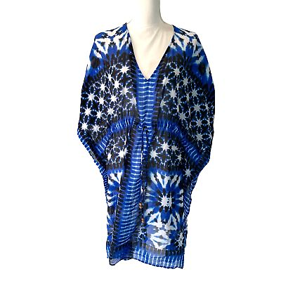 #ad Womens Swim Cover Up One Size Blue Batik Print Caftan Style Beaded Made In India