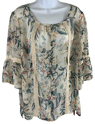 #ad Lauren Conrad Floral Lace Bell Sleeve Keyhole Sheer Blouse Top Women#x27;s XXL