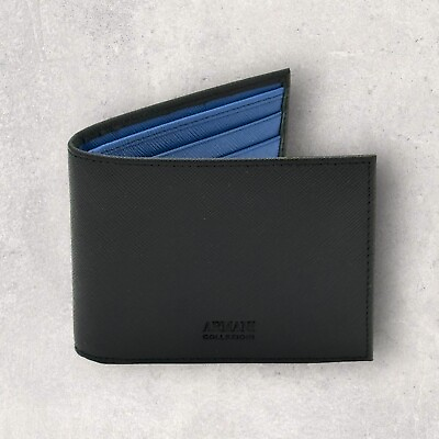 #ad Armani Collezioni Black Saffiano Leather Bi fold With Blue Wallet Authentic