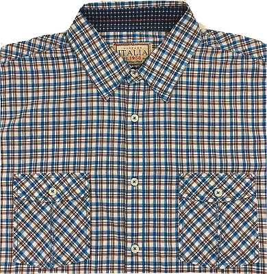 #ad Men#x27;s Vintage ITALIA Blue Brown Checked Shirt L Large S S NWT $79.50 New NICE